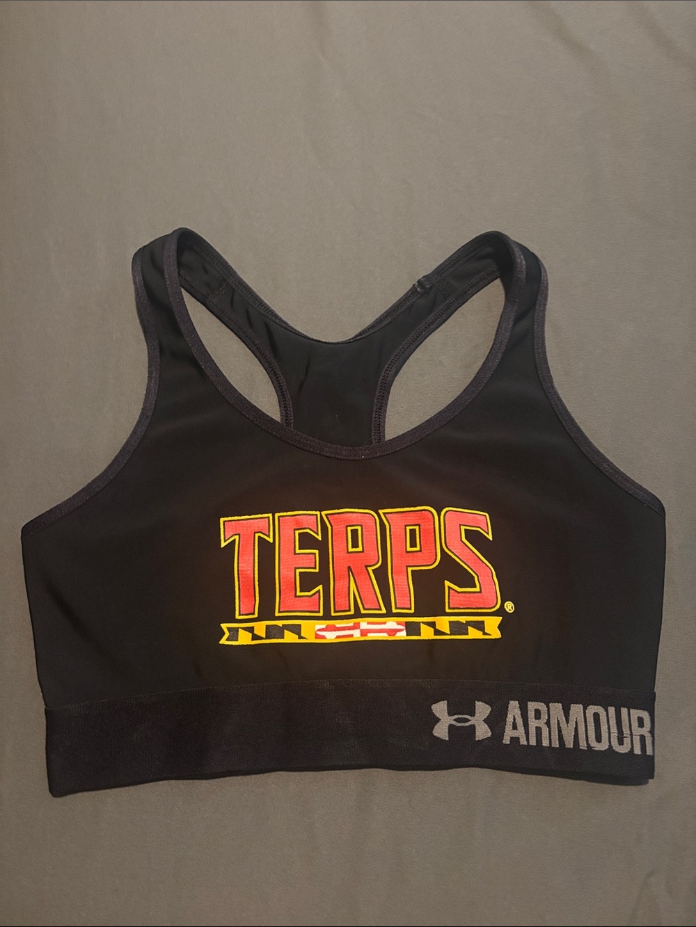 Under Armour Black Racerback Sports Bra with Red & Yellow TERPS Graphic